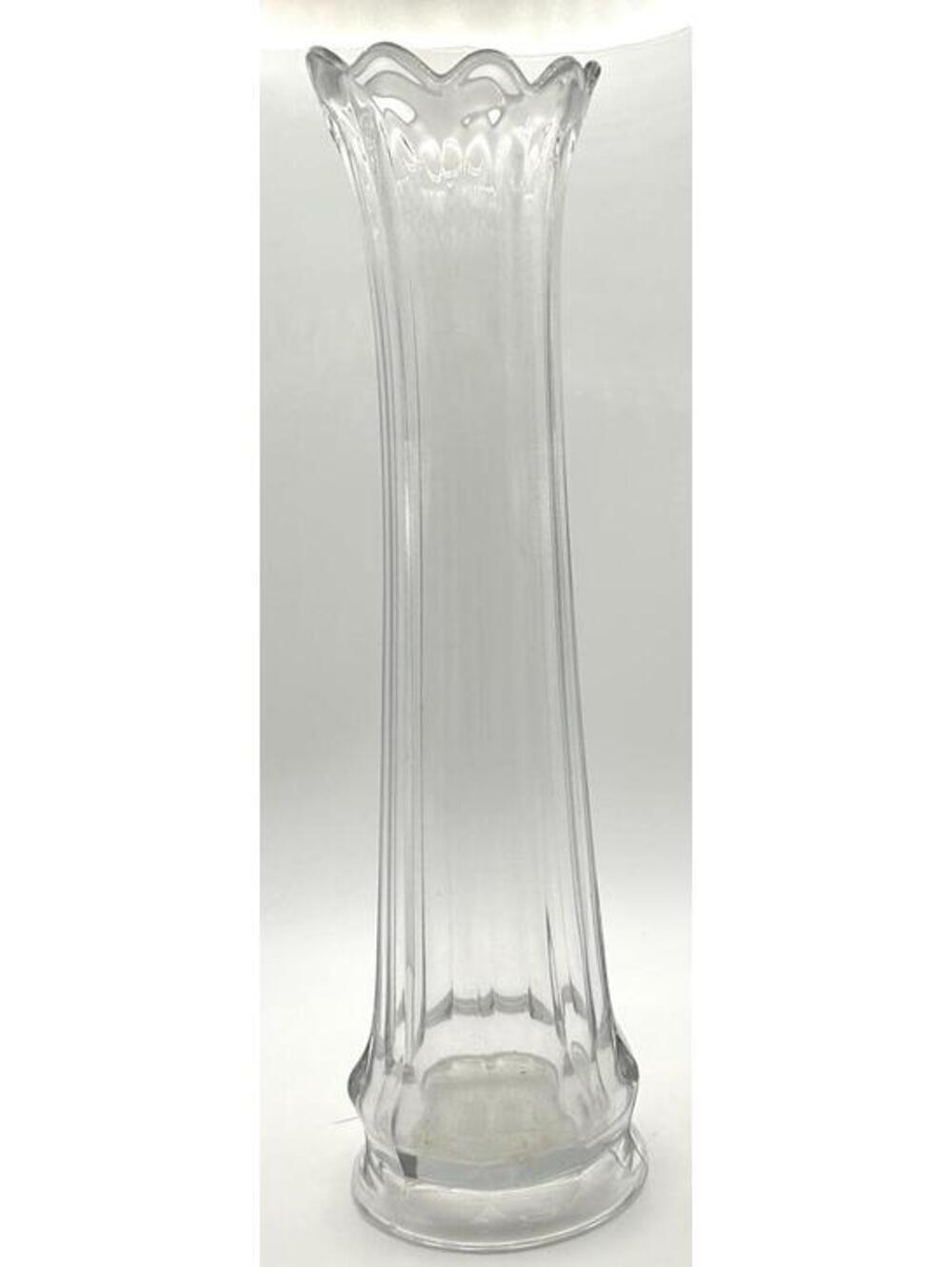 Nine finger clear swung glass vase.  12”
